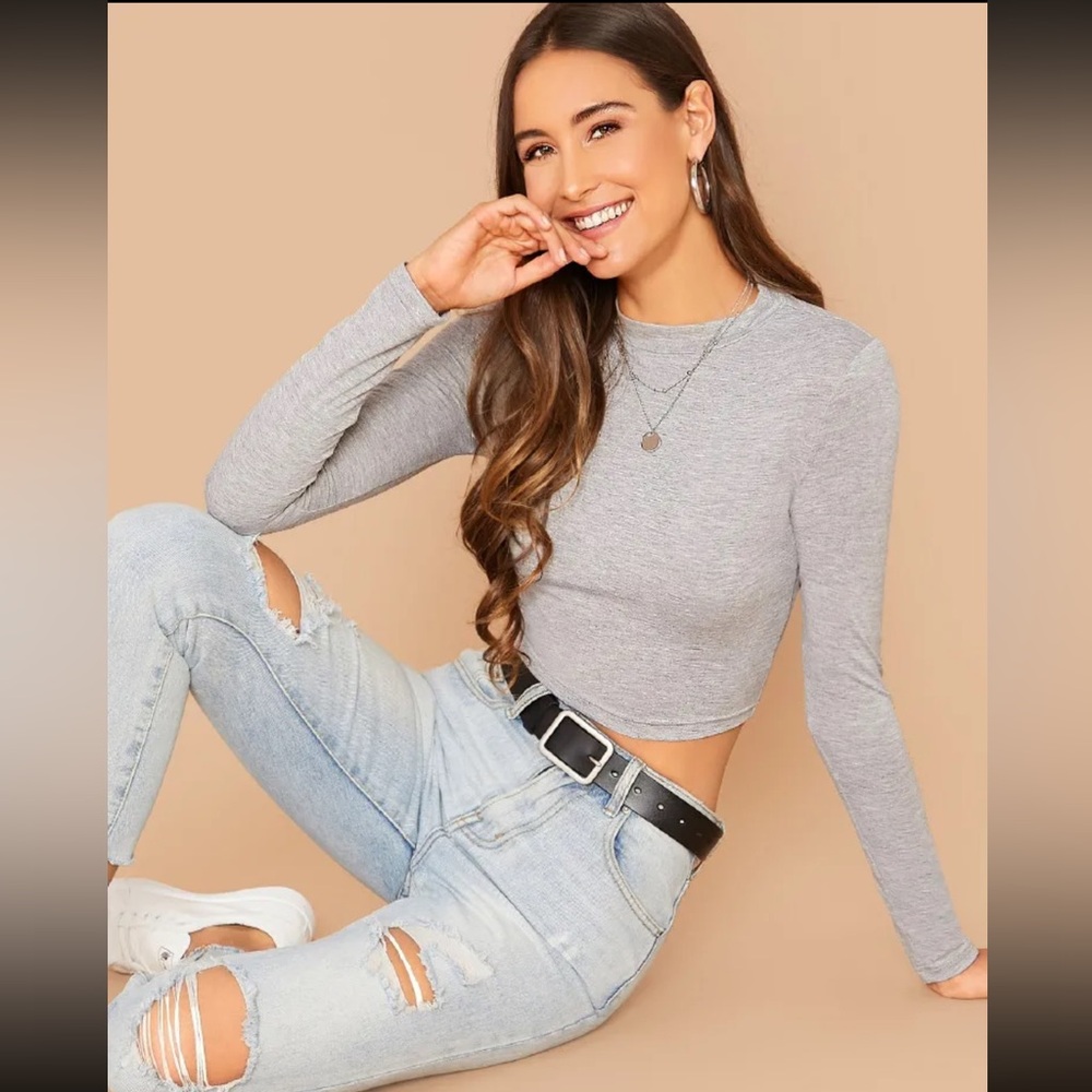 SHEIN Heathered Knit Long Sleeve Cropped Tee